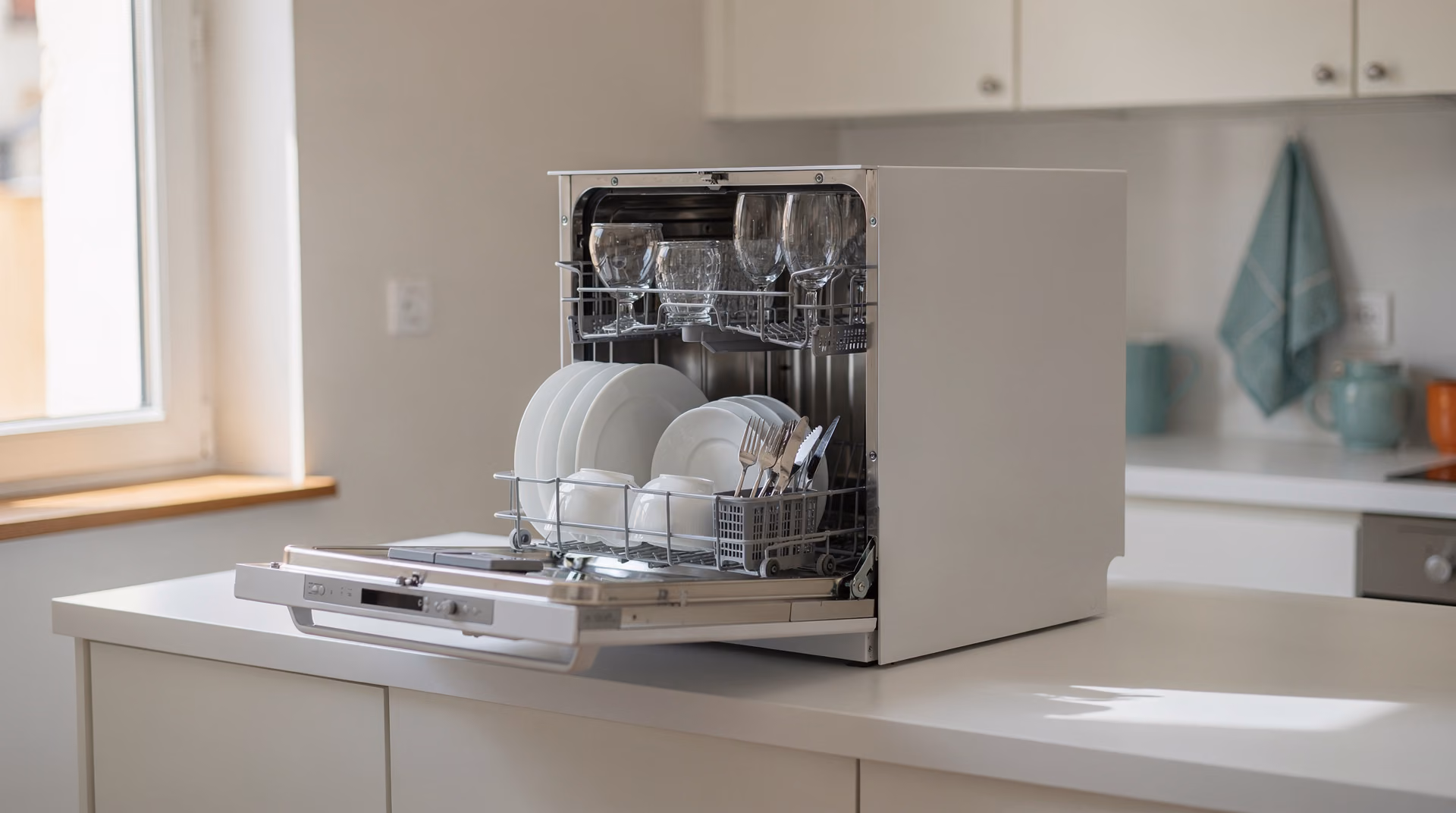 Lave-vaisselle compact 6 couverts posé sur un plan de travail dans une cuisine moderne et lumineuse