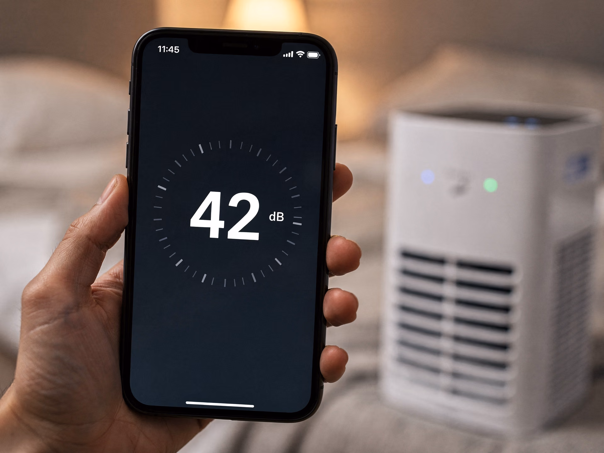Application sonomètre sur smartphone mesurant le niveau sonore d'un climatiseur mobile