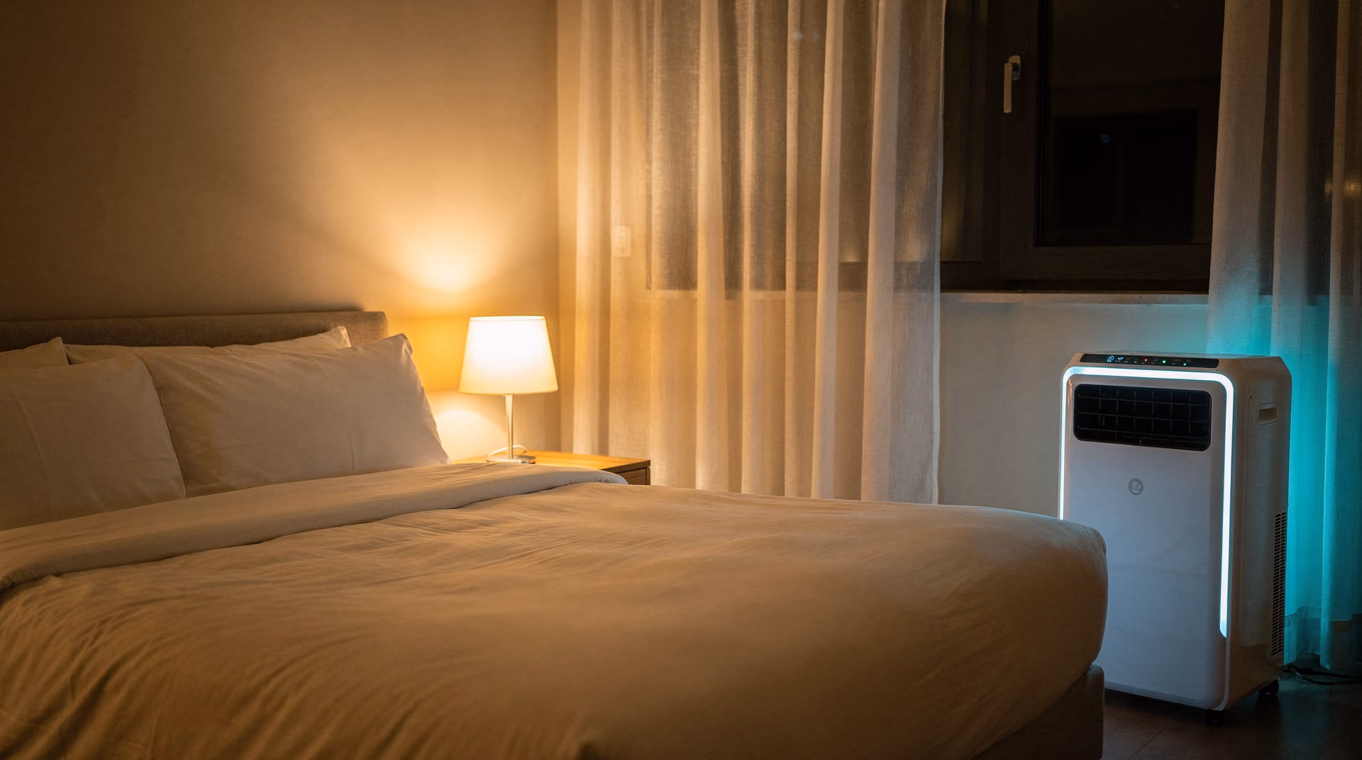 Climatiseur mobile blanc dans une chambre paisible la nuit avec lumière douce