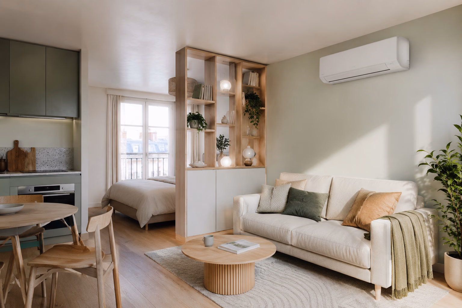 Studio parisien lumineux de 25m2 avec une unité intérieure murale de climatisation réversible installée au-dessus du canapé
