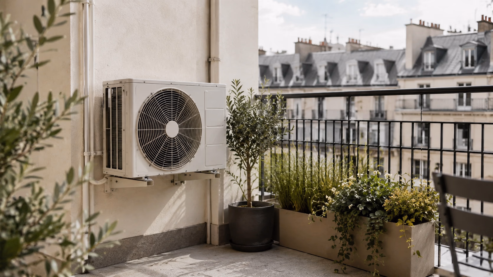 Unité extérieure compacte de climatisation réversible fixée sur un mur de balcon d'appartement urbain