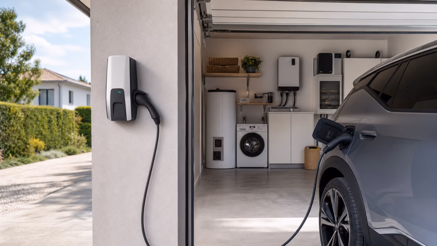 Borne de recharge dans un garage avec tableau électrique domestique