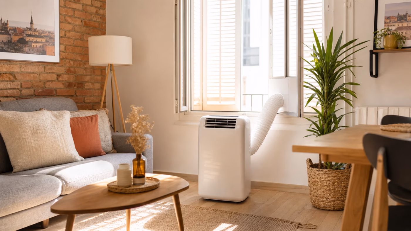 Climatiseur mobile dans un salon lumineux avant projet de climatisation fixe à Toulouse