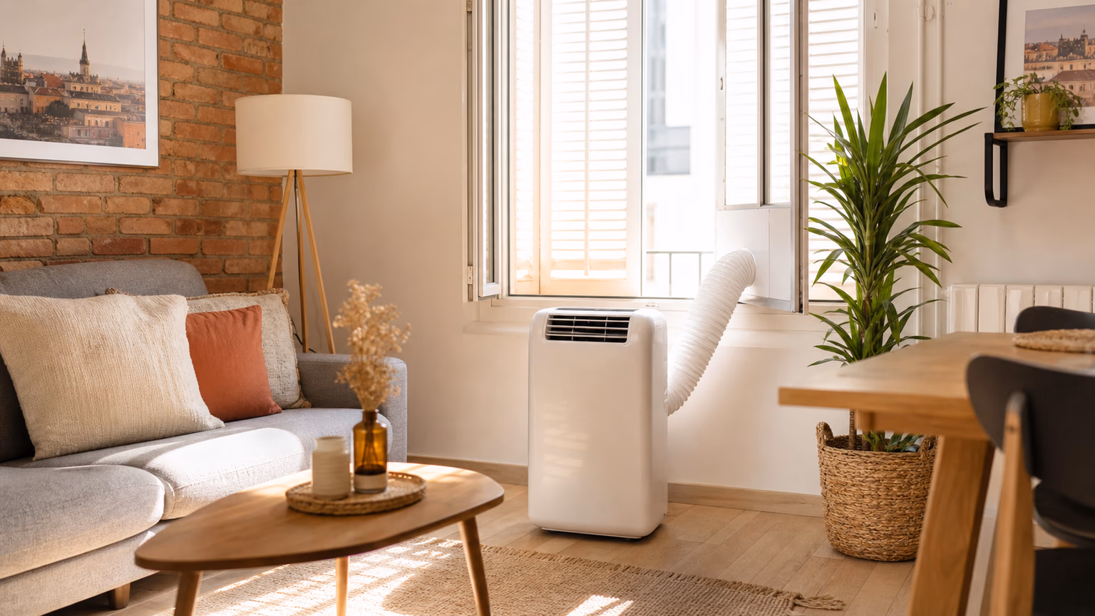Climatiseur mobile dans un salon lumineux avant projet de climatisation fixe à Toulouse