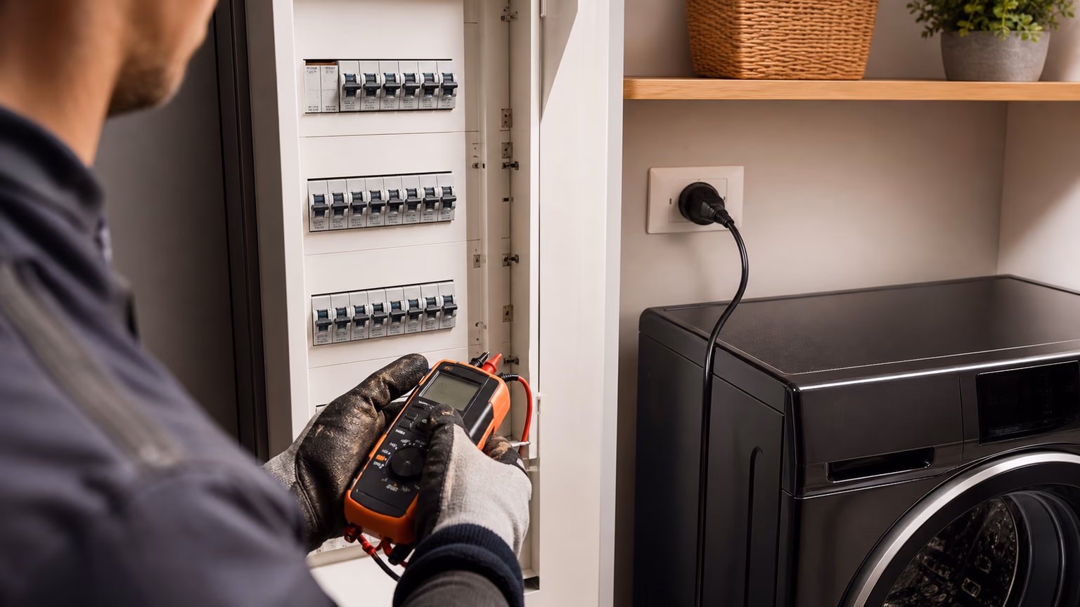 Électricien contrôlant un tableau électrique près d’un gros appareil électroménager