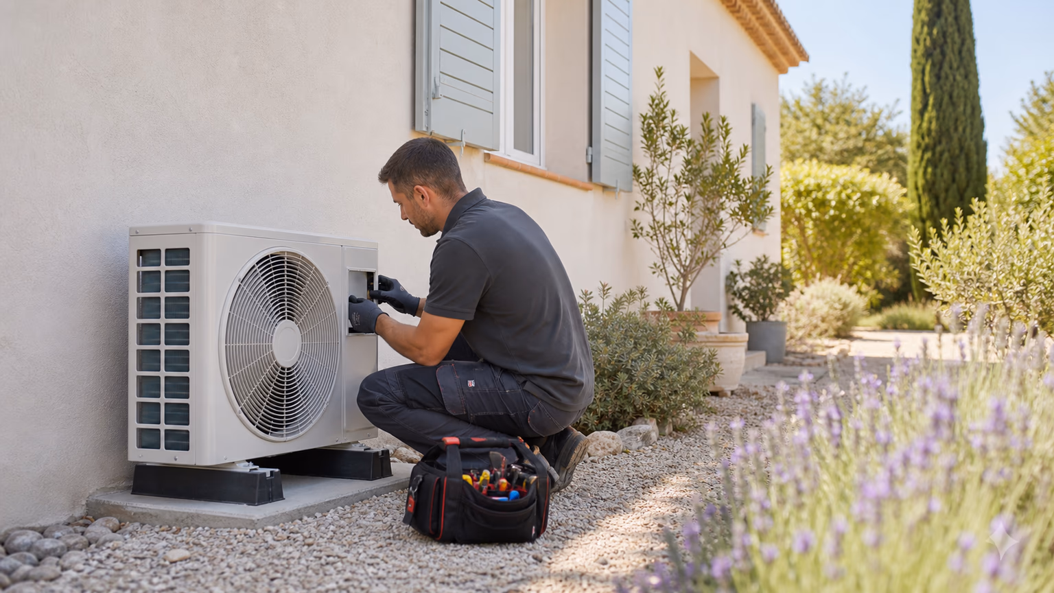 Technicien entretenant une unité extérieure de climatisation devant une maison provençale