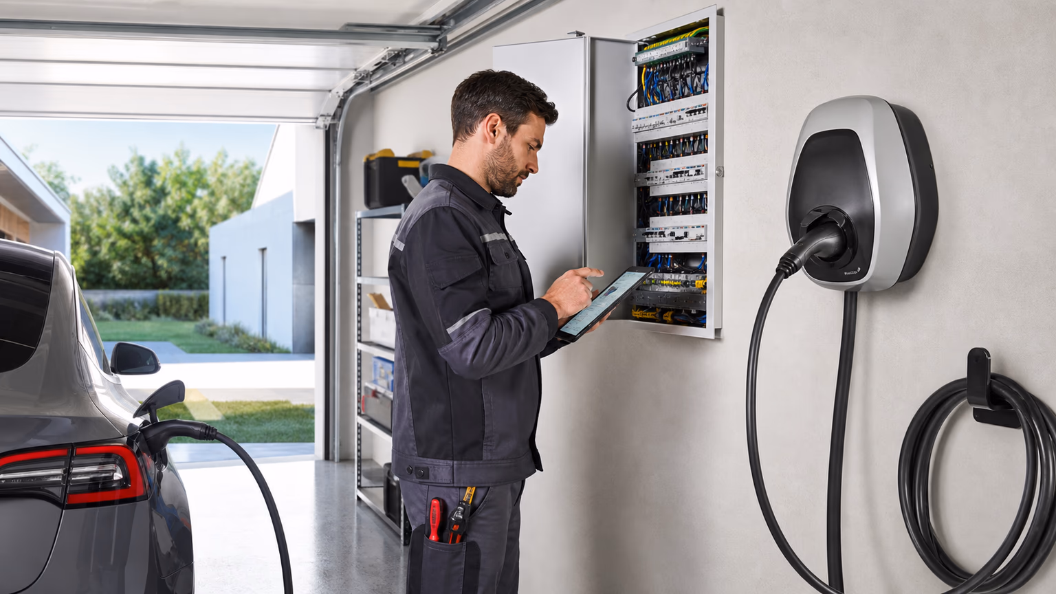 Électricien IRVE configurant une borne de recharge et un tableau électrique dans un garage