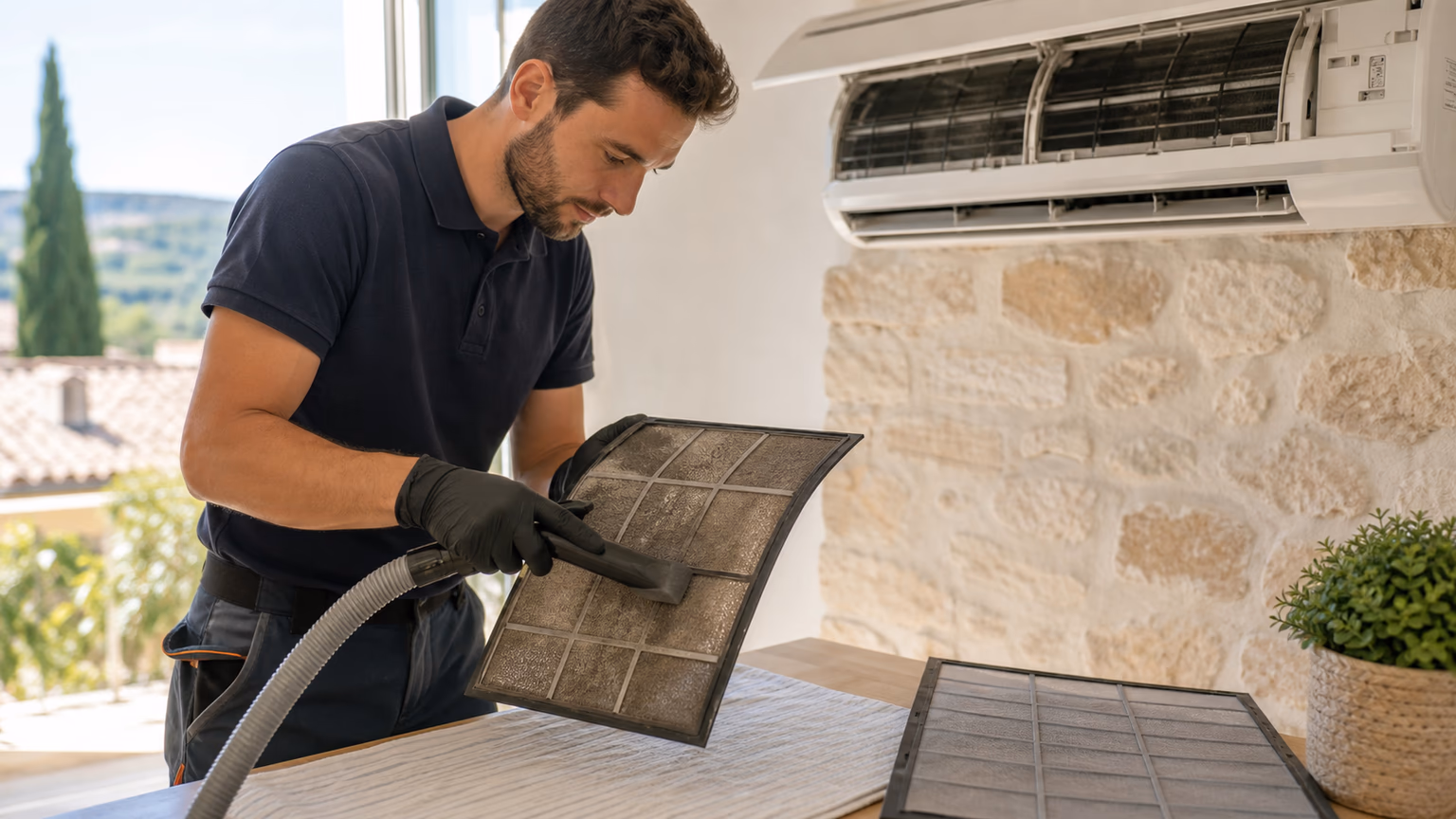 Technicien nettoyant les filtres d une climatisation murale dans une maison en PACA