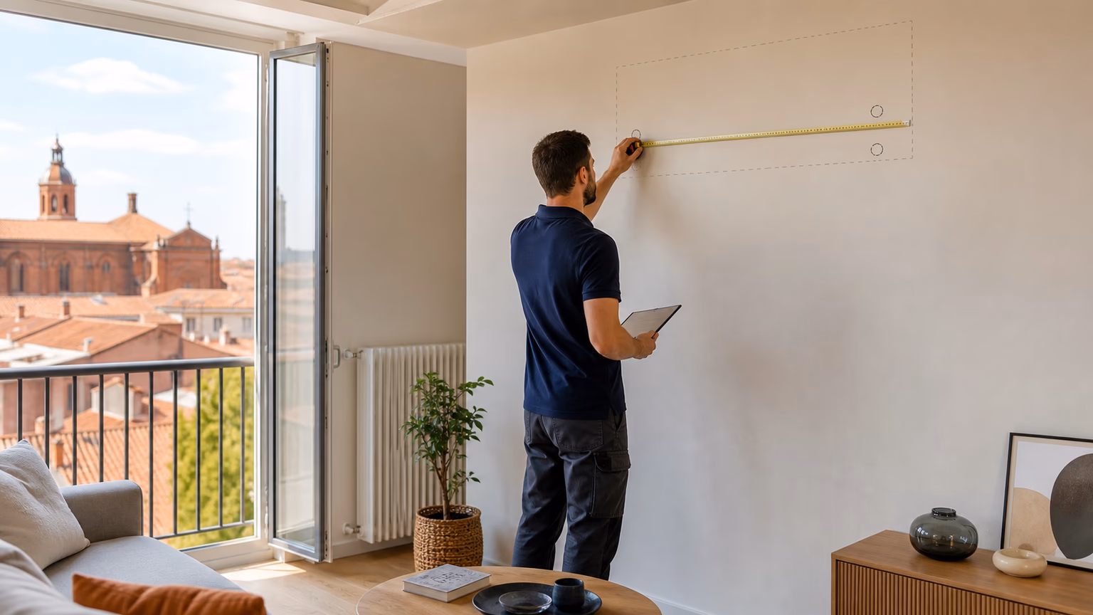 Technicien mesurant un mur d appartement à Toulouse avant pose d une climatisation split