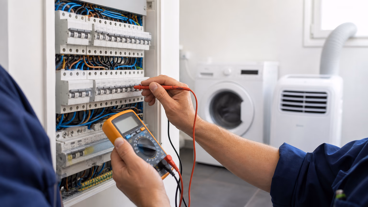 Contrôle d un tableau électrique avec climatiseur mobile et lave linge en arrière plan